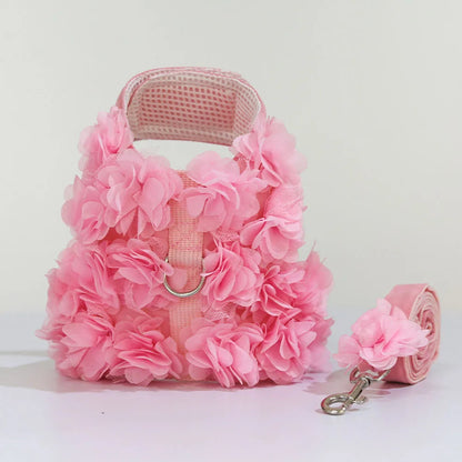 Pink Rose mesh dog harness with matching leash on a white background.