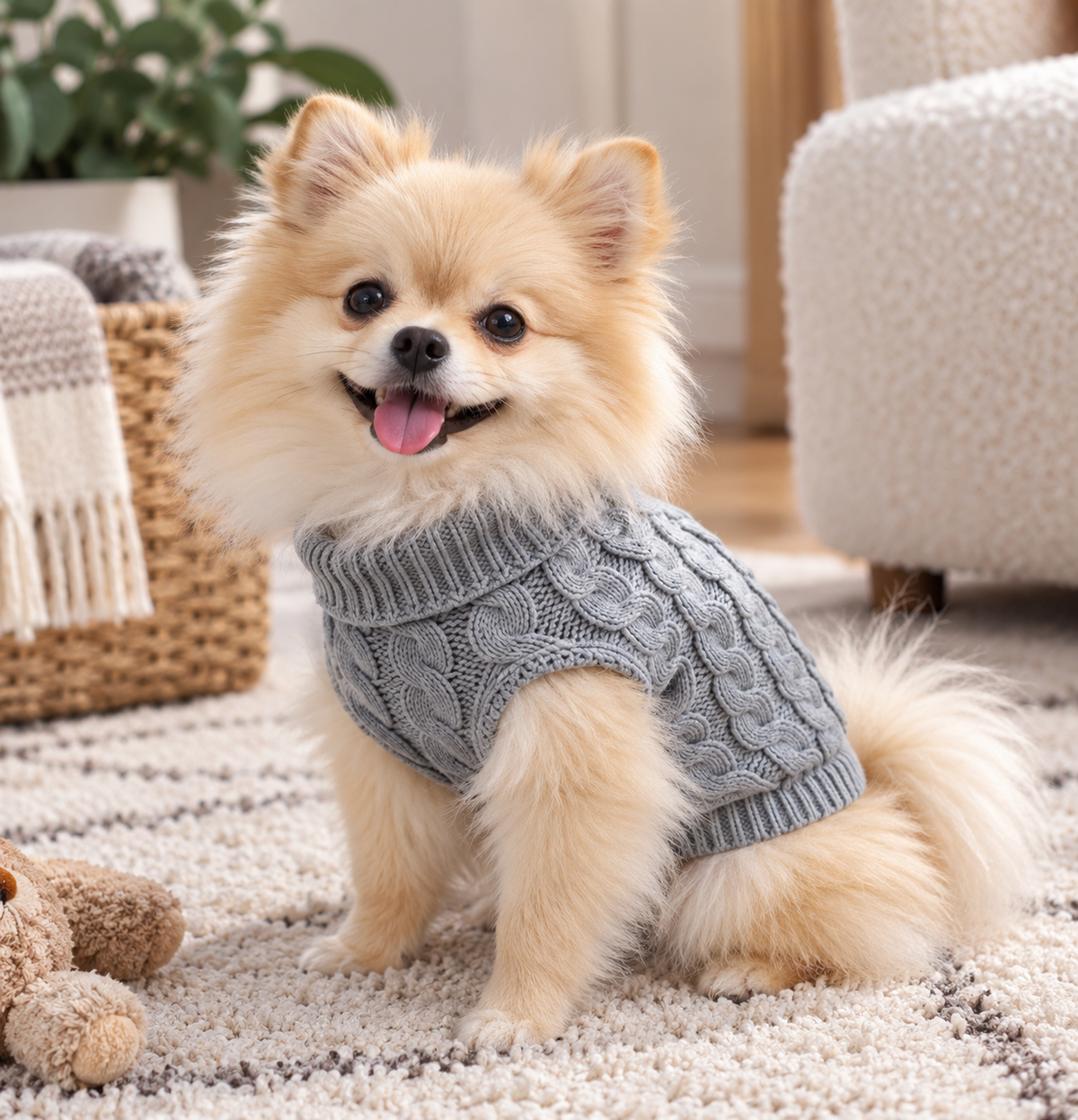 Small dog wearing a gray cable knit sweater indoors