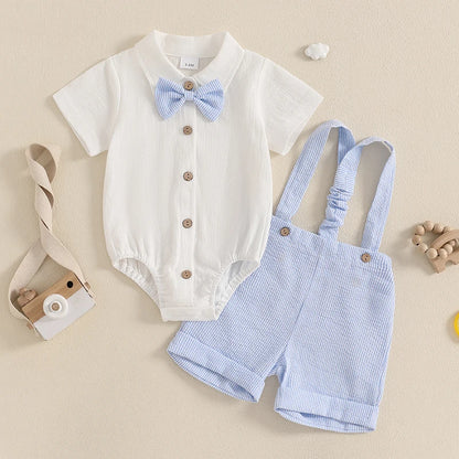 Powder Blue baby romper set with suspenders and matching bow tie displayed on a light background.