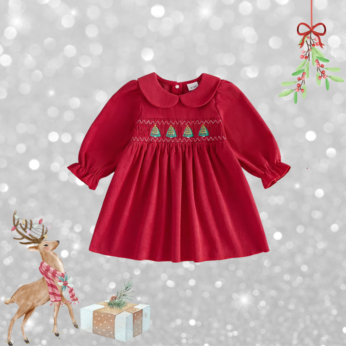 Red Christmas Corduroy Dress for toddler girls with Peter Pan collar and Christmas tree embroidery