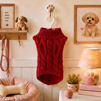 Wine red cable knit dog sweater hanging in a cozy pet room