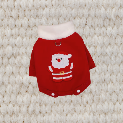 Red Christmas corduroy pet coat with Santa Claus appliqué and white fleece collar