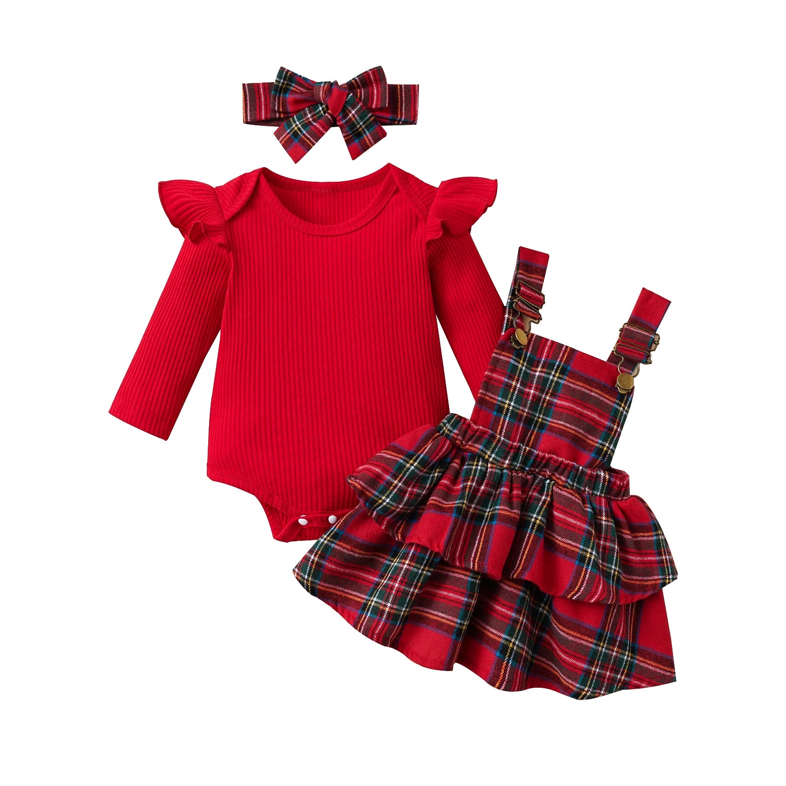 Baby girl Christmas outfit set — red ribbed long-sleeve romper, red plaid suspender skirt with ruffles, and matching plaid bow headband.