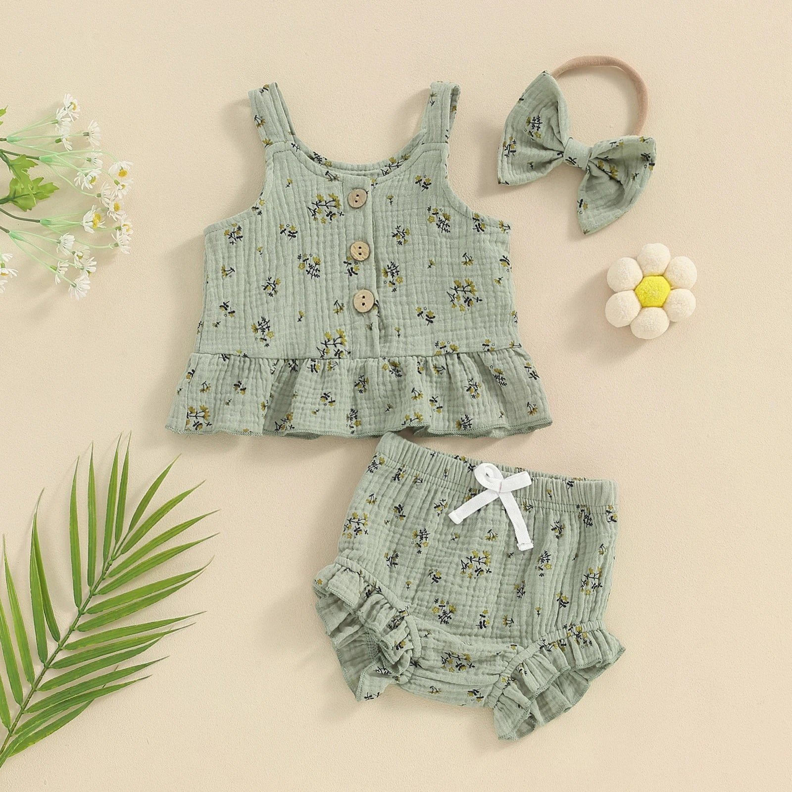 3Pcs Infant Baby Girls Summer Clothes Sets 0-24M Flowers Print Sleeveless Strap Button Vest Tops Shorts