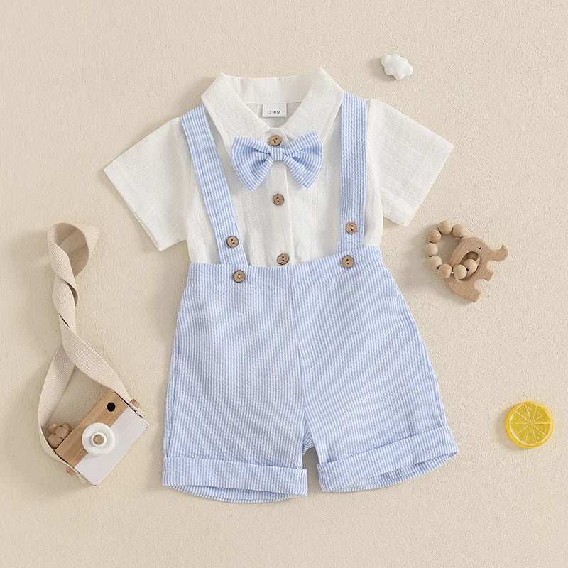 0-18M Infant Baby Boys Gentleman Clothes Sets Solid Short Sleeve Lapel Neck Romper Stripe Suspender Shorts Bowtie