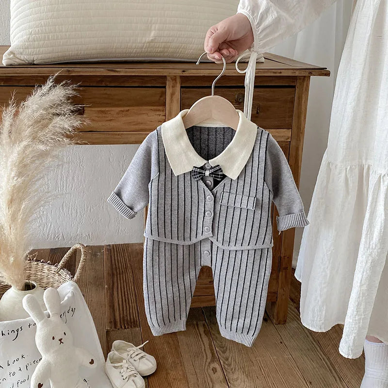 "Grey striped knit baby romper with white collar and bow detail, luxury fall outfit for boys"
