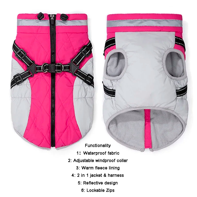 ✨ Back and front view of pink/gray winter dog jacket with harness straps🐾