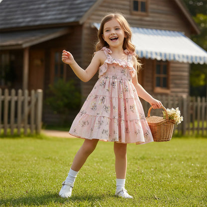 FOCUSNORM 1-6Y Lovely Baby Girls Summer Holiday Dress Sleeveless Tie Shoulder Floral Print A-Line Toddler Casual Dress