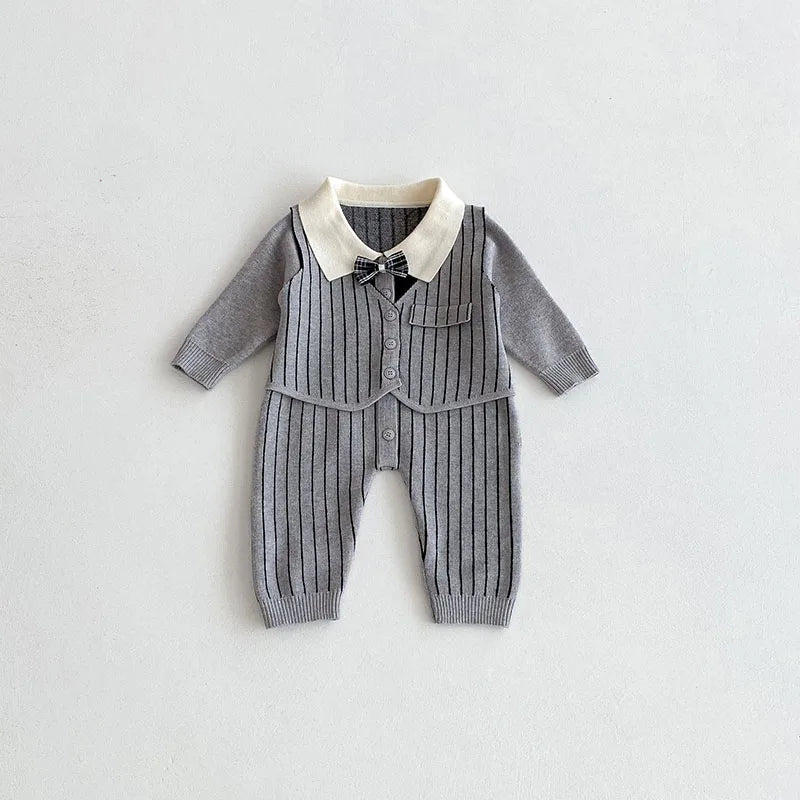 "Grey striped knit baby romper with long sleeves, white collar, and bow, fall and winter outfit"