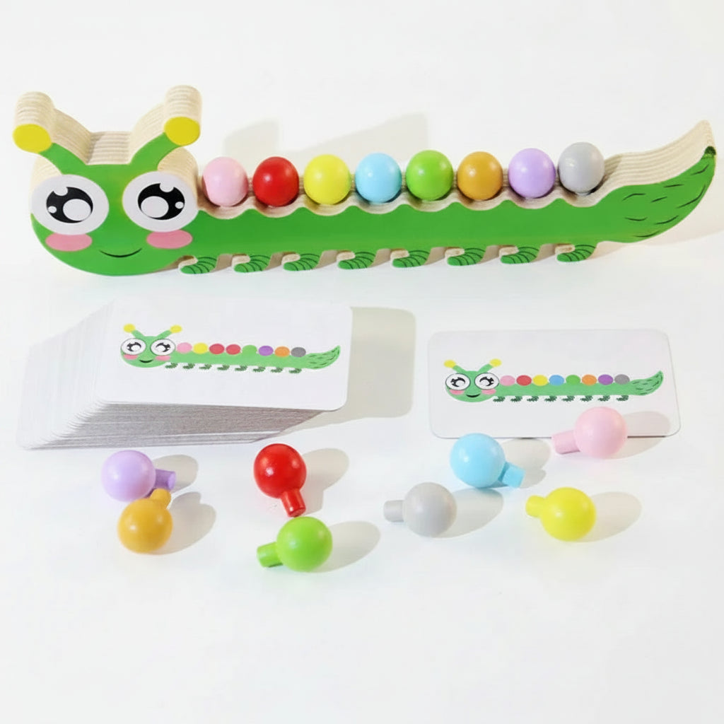 “Montessori caterpillar color-sorting toy with multicolor beads and cards.”