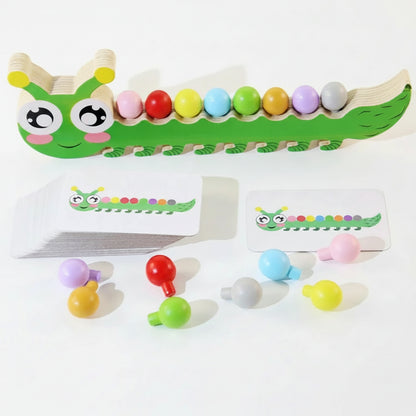 “Montessori caterpillar color-sorting toy with multicolor beads and cards.”