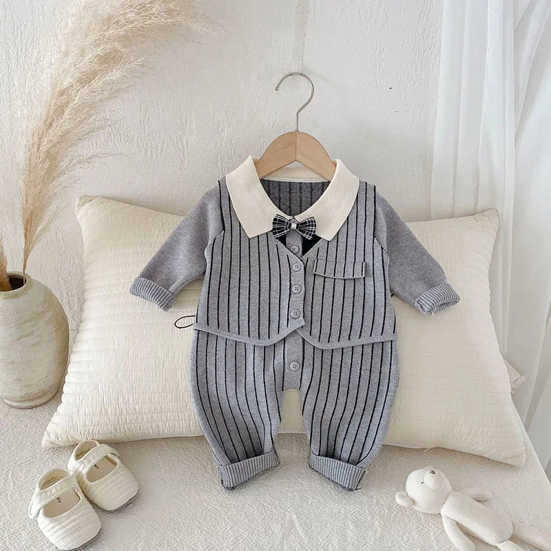 "Grey striped knit baby romper with white collar and bow detail, luxury fall outfit for boys"