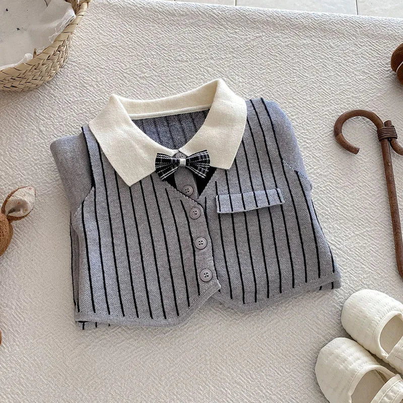 "Folded grey striped knit baby romper with white collar and bow, stylish fall babywear for boys"