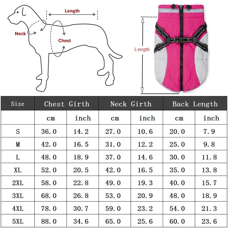 ✨ Size chart for waterproof winter dog jacket with measurements in cm and inches🐾