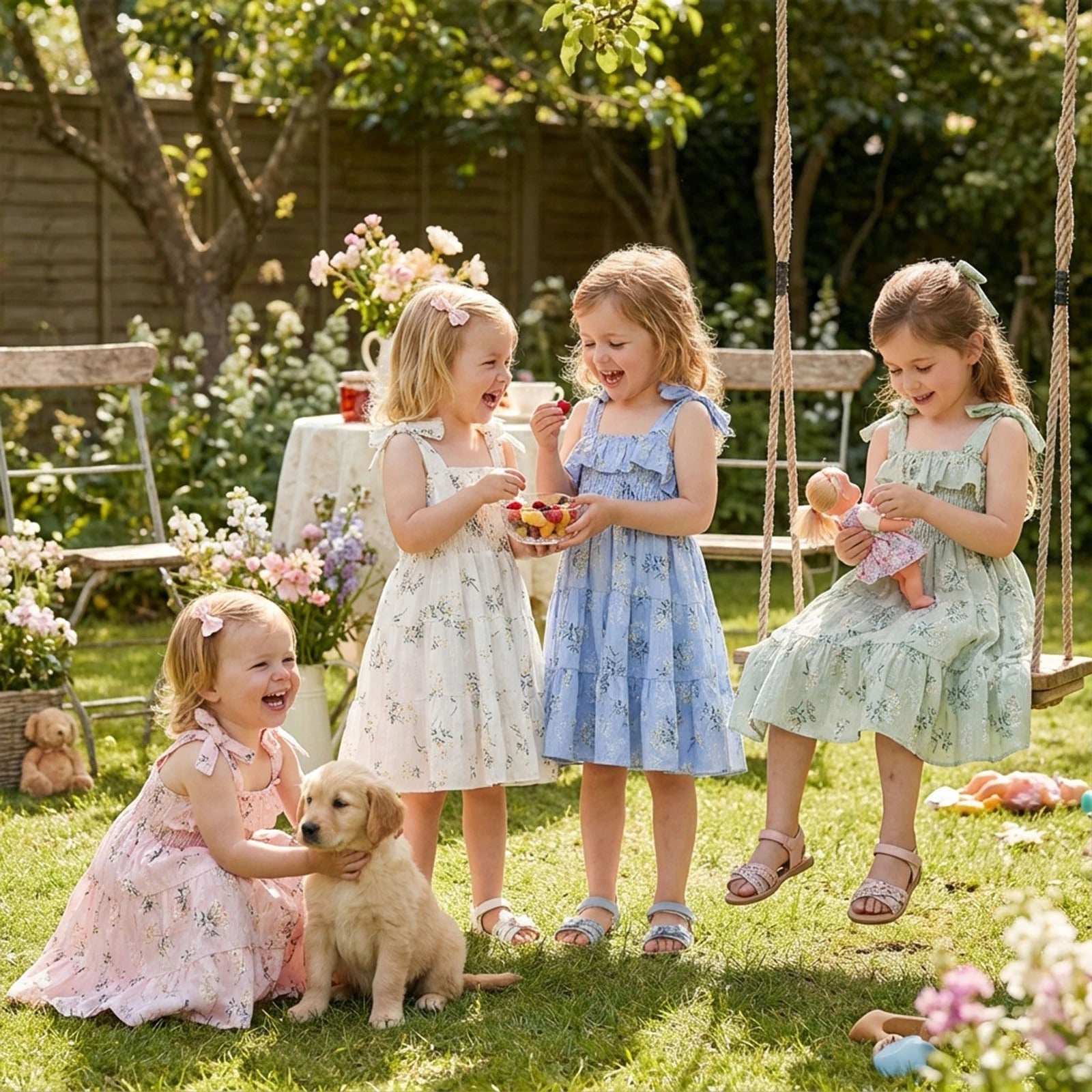 FOCUSNORM 1-6Y Lovely Baby Girls Summer Holiday Dress Sleeveless Tie Shoulder Floral Print A-Line Toddler Casual Dress