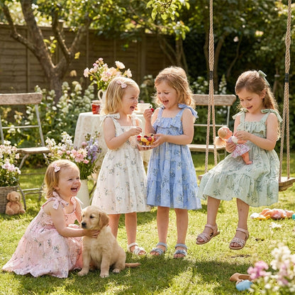 FOCUSNORM 1-6Y Lovely Baby Girls Summer Holiday Dress Sleeveless Tie Shoulder Floral Print A-Line Toddler Casual Dress