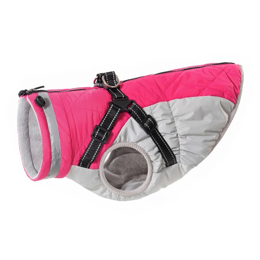✨ Pink/gray waterproof winter dog jacket with built-in harness – side view