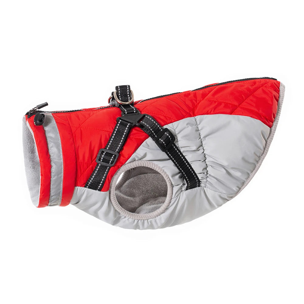 ✨ Red/gray waterproof winter dog jacket with built-in harness – side view