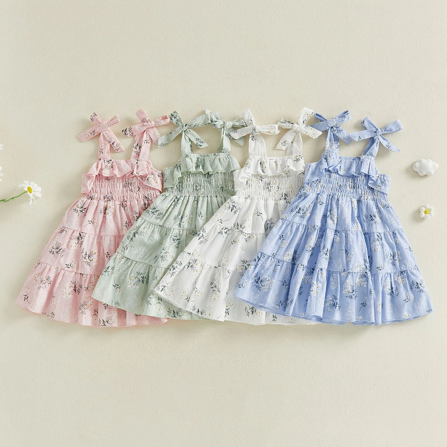 FOCUSNORM 1-6Y Lovely Baby Girls Summer Holiday Dress Sleeveless Tie Shoulder Floral Print A-Line Toddler Casual Dress