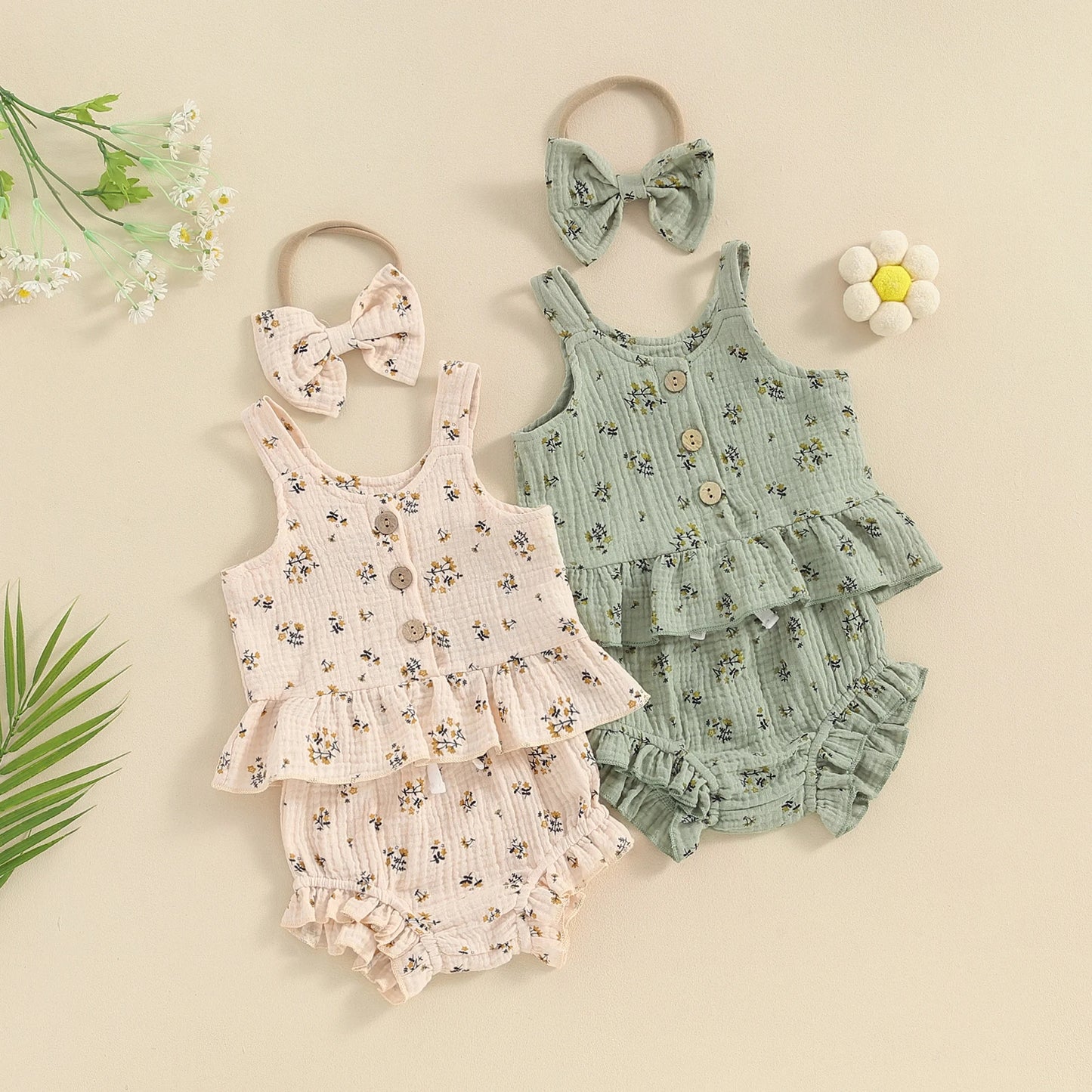 3Pcs Infant Baby Girls Summer Clothes Sets 0-24M Flowers Print Sleeveless Strap Button Vest Tops Shorts