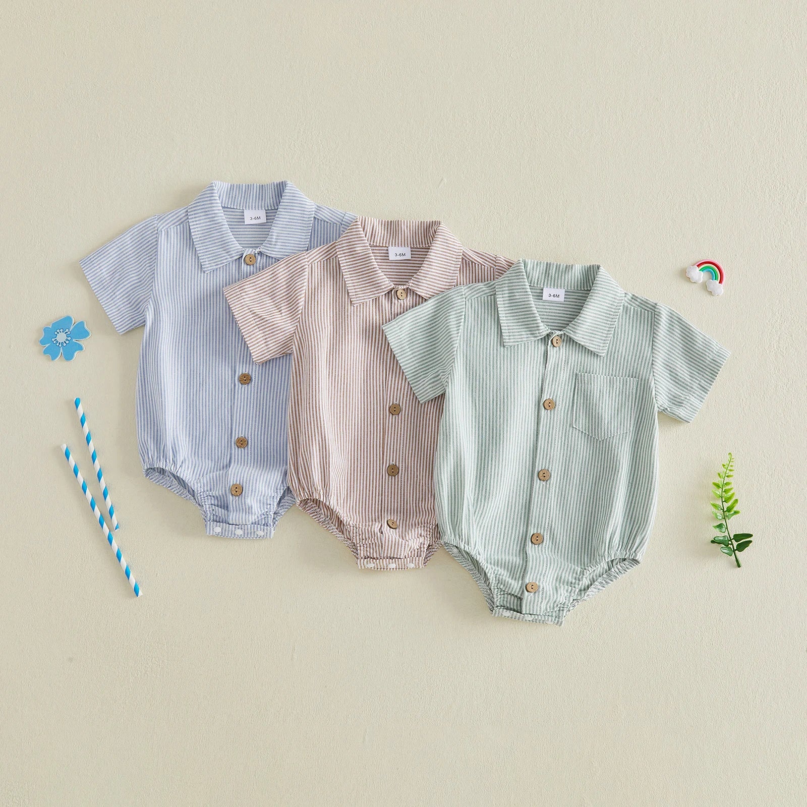 FOCUSNORM 0-18M Gentleman Baby Boys Summer Romper Shirt Stripe Print Short Sleeve Lapel Button down Jumpsuits with Pocket