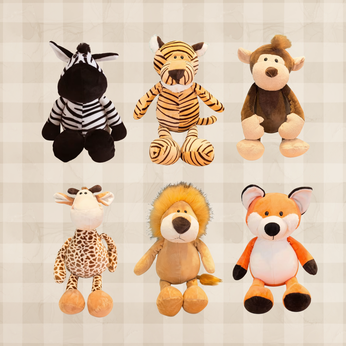Safari Animal Plush Toy Collection with Zebra, Tiger, Monkey, Giraffe, Lion and Fox