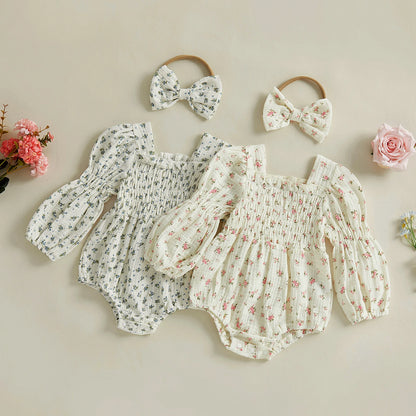 Two floral baby romper sets with matching headbands displayed together.
