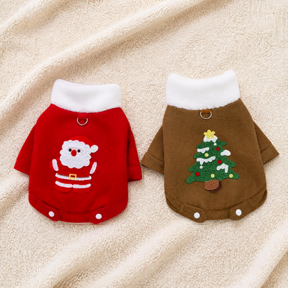 Red Santa and coffee Christmas tree corduroy pet coats with white fleece collars