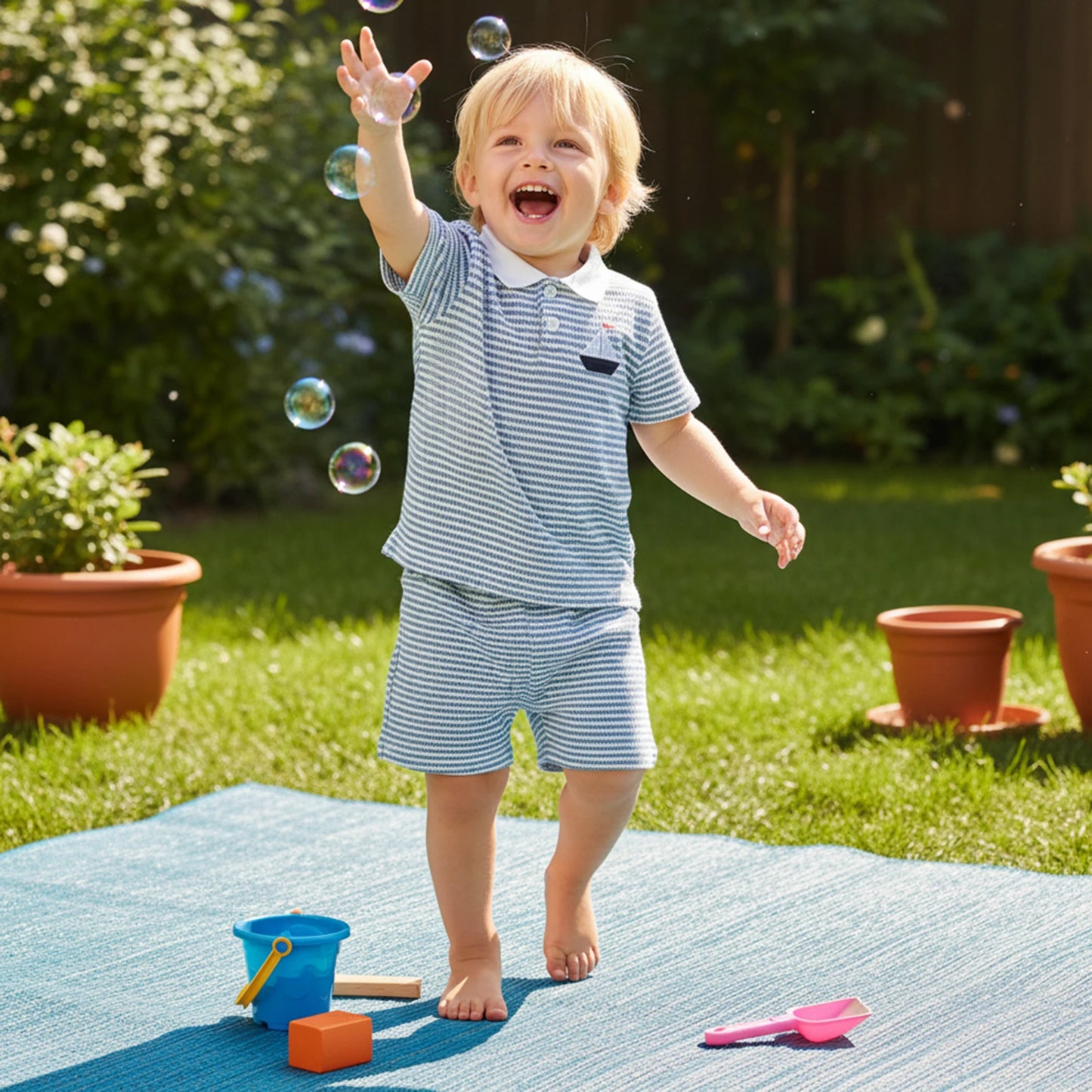 0-4Y Toddler Baby Boys Summer Clothes Sets Sailboat Embroidered Striped Button Turn down Neck Short Sleeve Tops Shorts