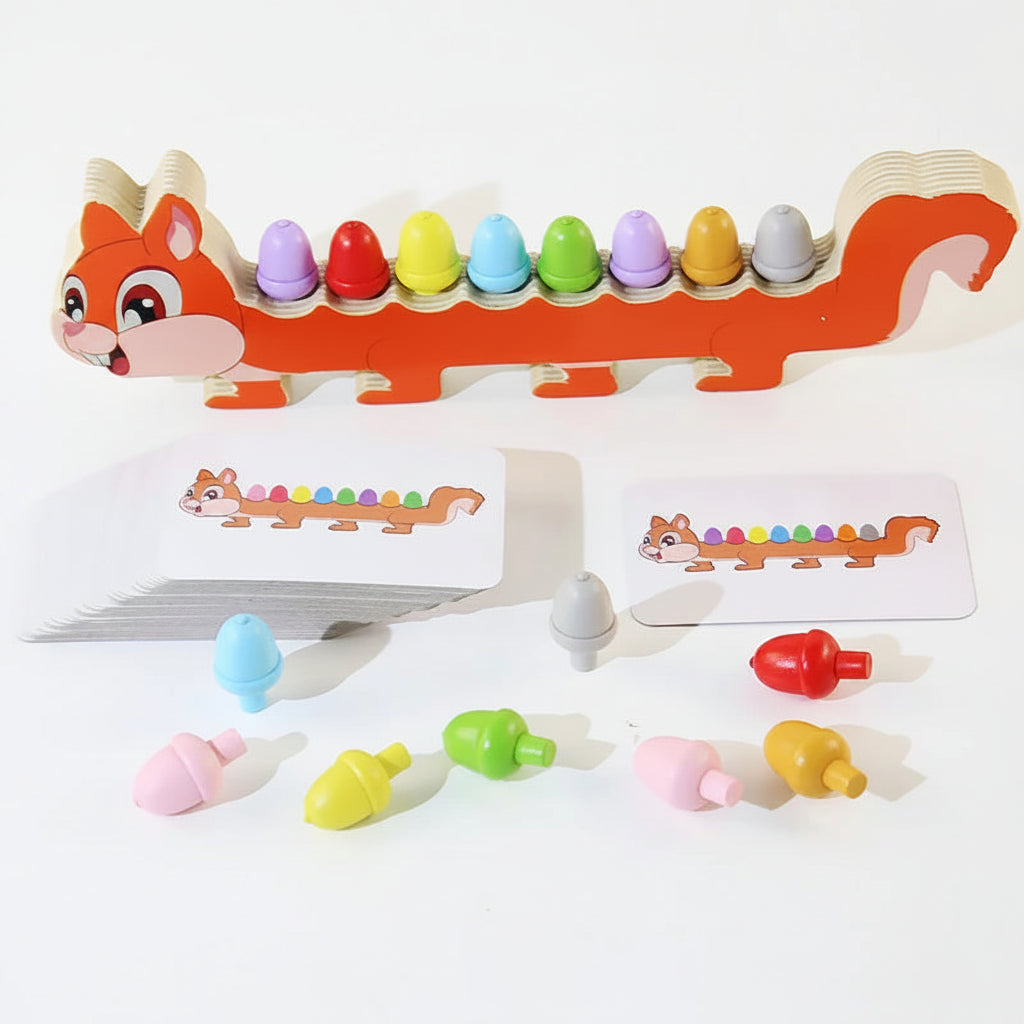 “Montessori fox color-matching balance toy with beads and activity cards.”