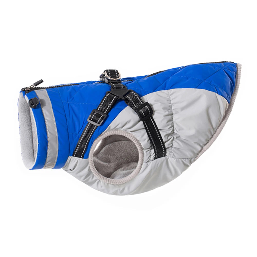 ✨ Blue/gray waterproof winter dog jacket with built-in harness – side view🐾