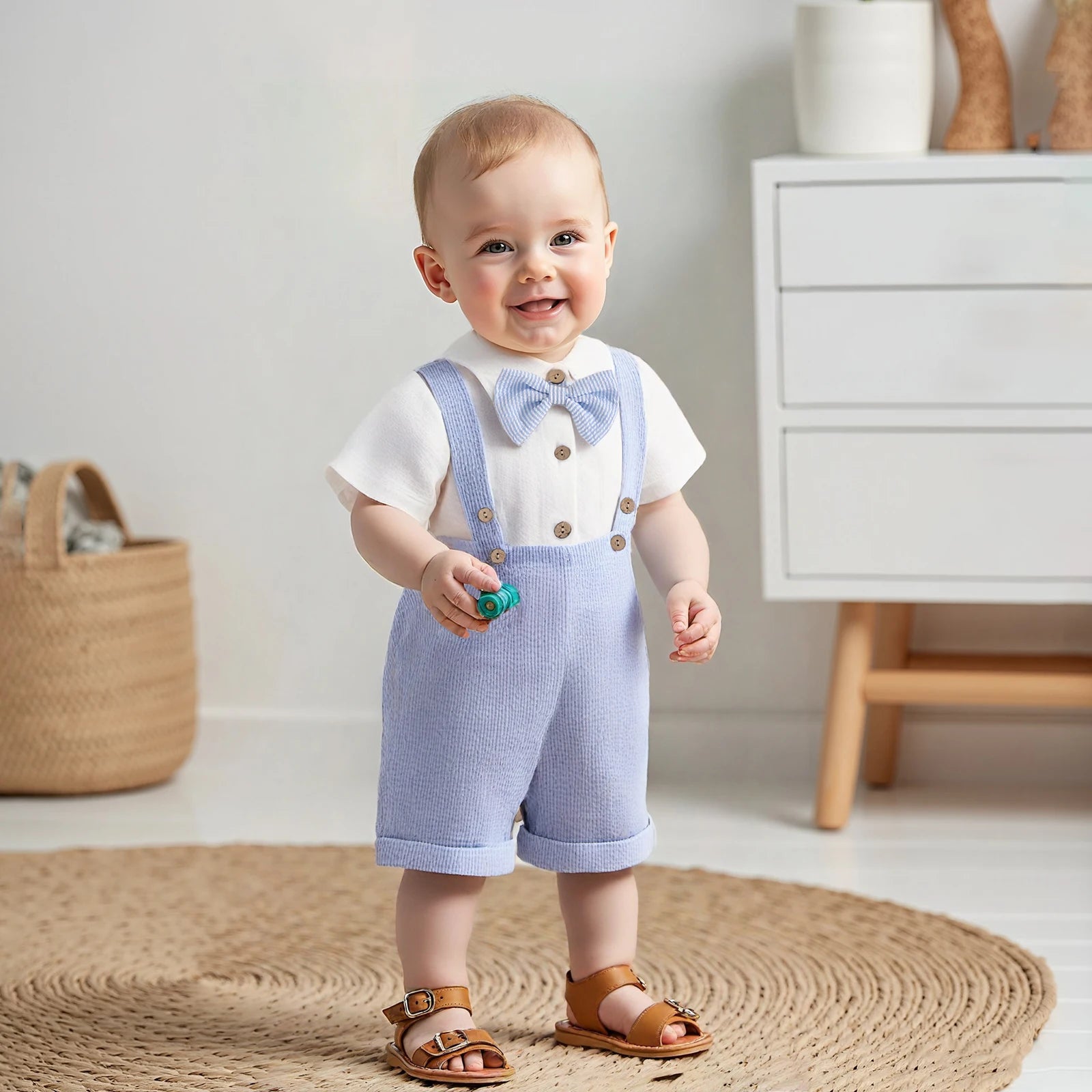 0-18M Infant Baby Boys Gentleman Clothes Sets Solid Short Sleeve Lapel Neck Romper Stripe Suspender Shorts Bowtie