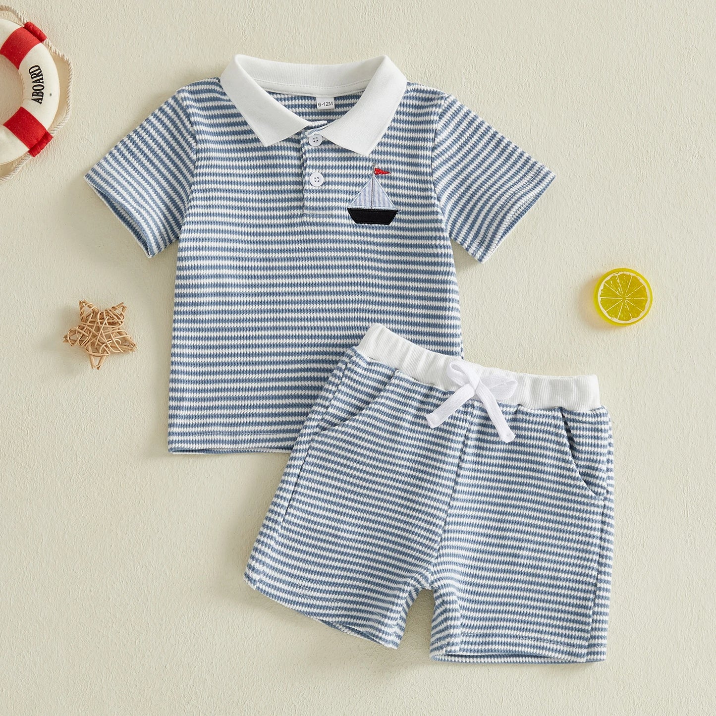 0-4Y Toddler Baby Boys Summer Clothes Sets Sailboat Embroidered Striped Button Turn down Neck Short Sleeve Tops Shorts
