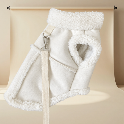Cream white dog coat flat lay showing soft fleece-style lining and matching leash