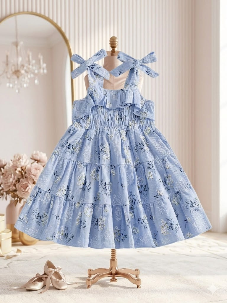 Little girl in an elegant sky blue floral ruffle dress feeding animals outdoors