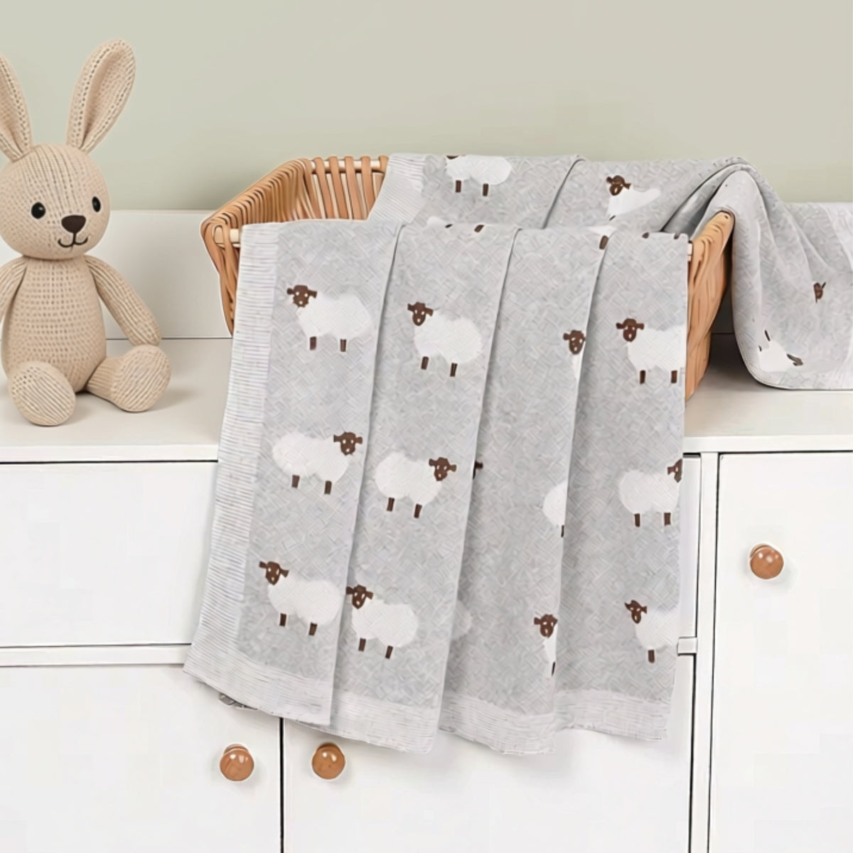 Gray sheep baby blanket draped over nursery dresser