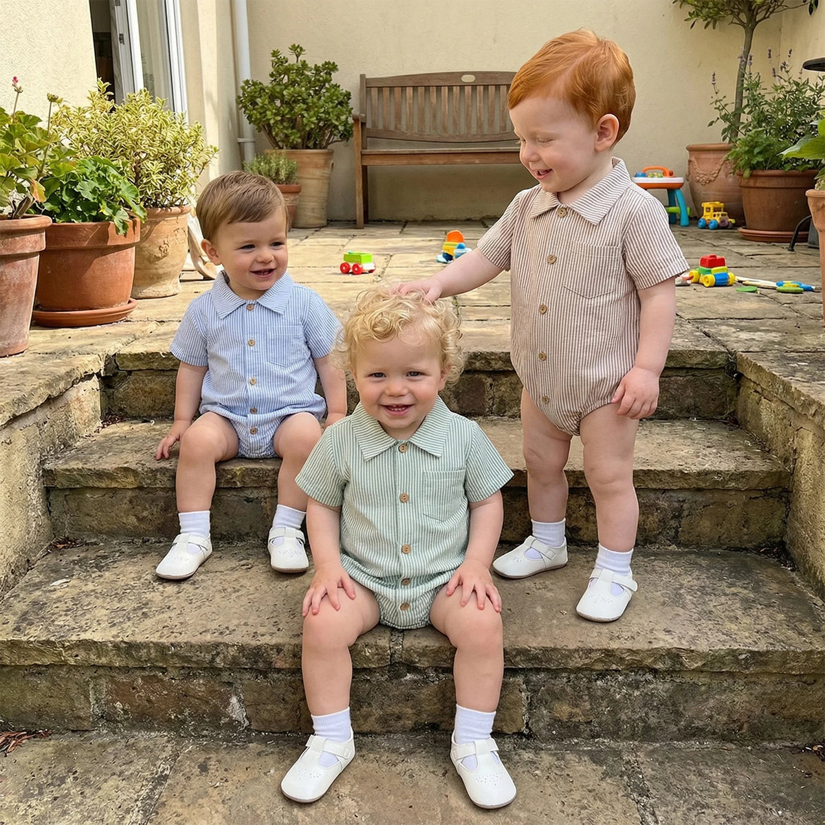 Three babies wearing sky blue, sage green, and beige striped cotton rompers outdoors.