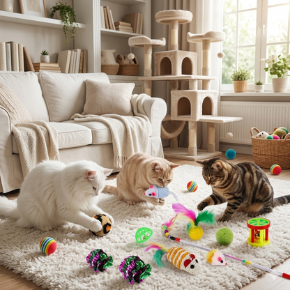 Three cats playing with colorful cat toys beside a cat tree indoors.