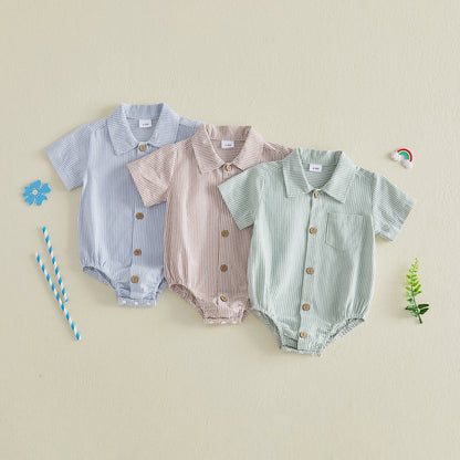 Three striped cotton baby rompers in sky blue, beige, and sage green displayed together.