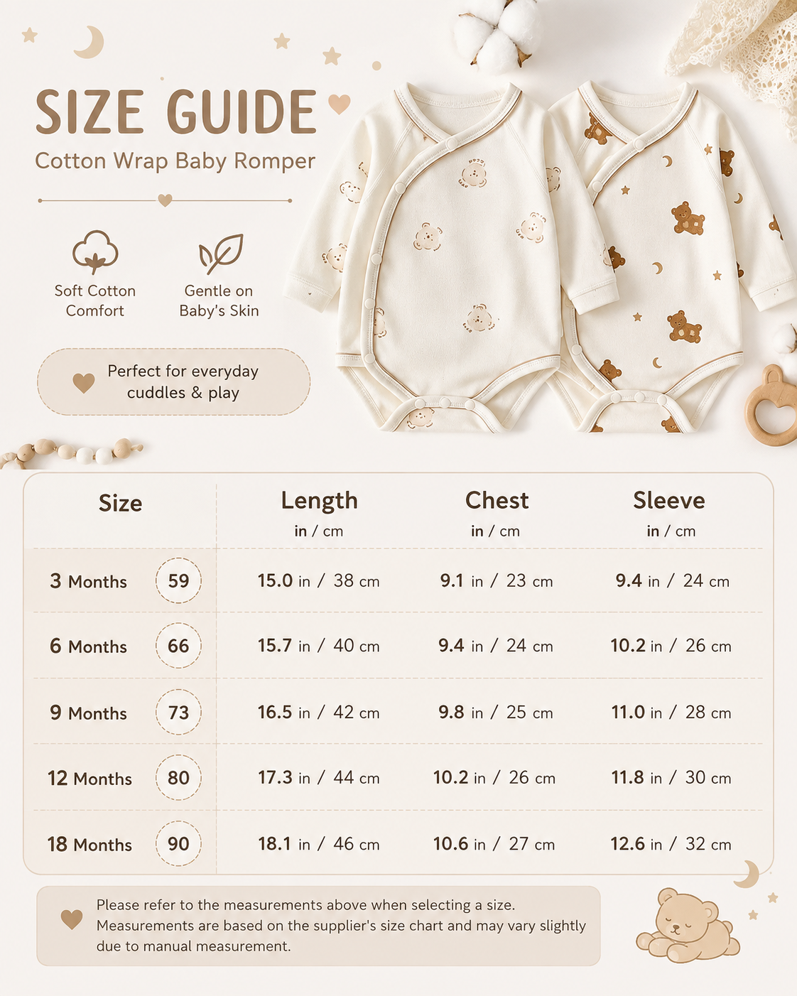 Tiny Bear and Moon & Bear cotton wrap baby romper size guide