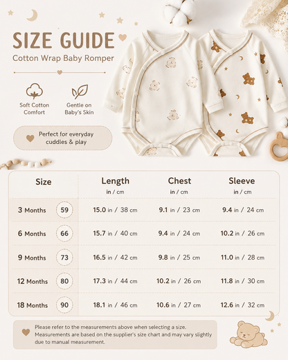 Tiny Bear and Moon & Bear cotton wrap baby romper size guide