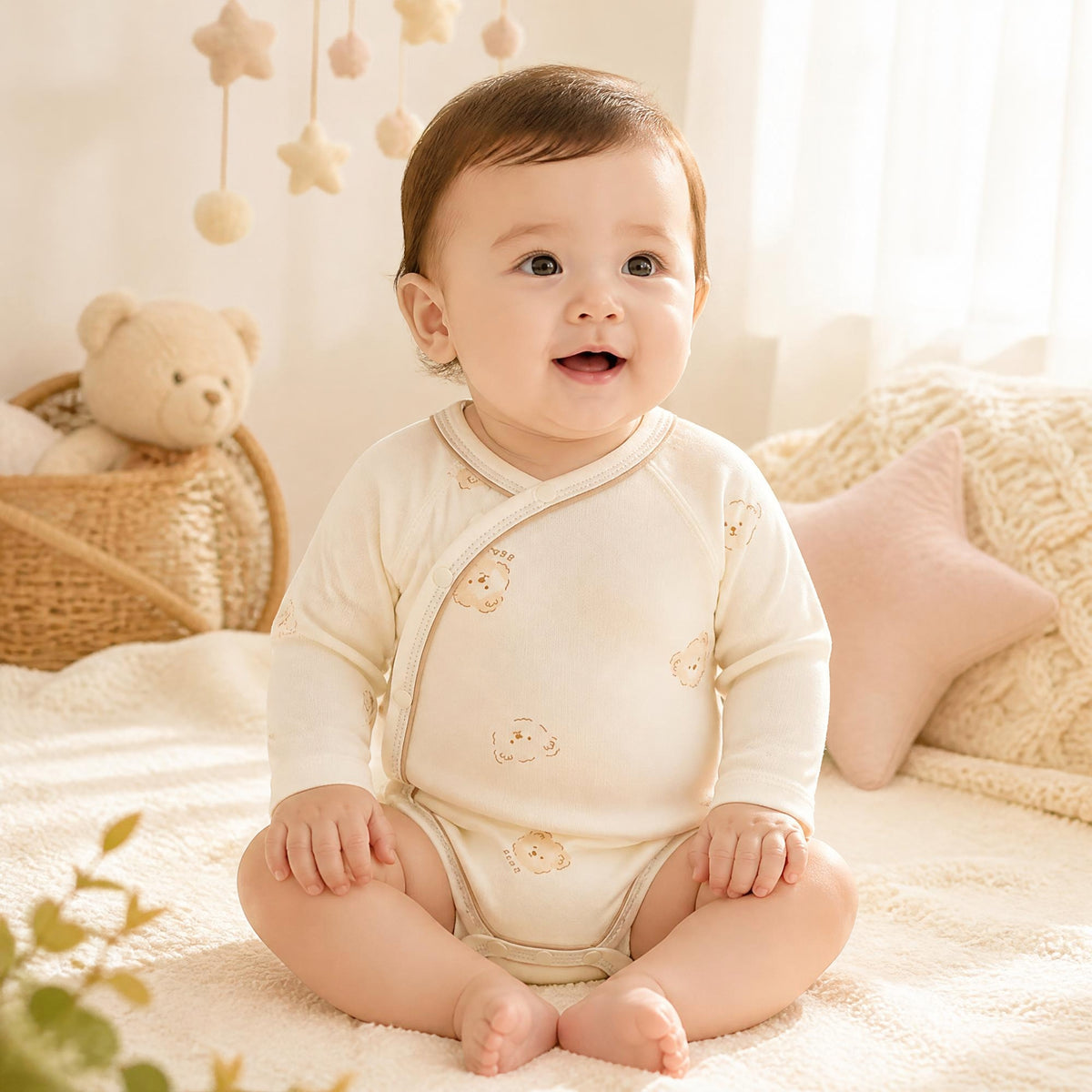 Baby wearing Tiny Bear cotton wrap baby romper