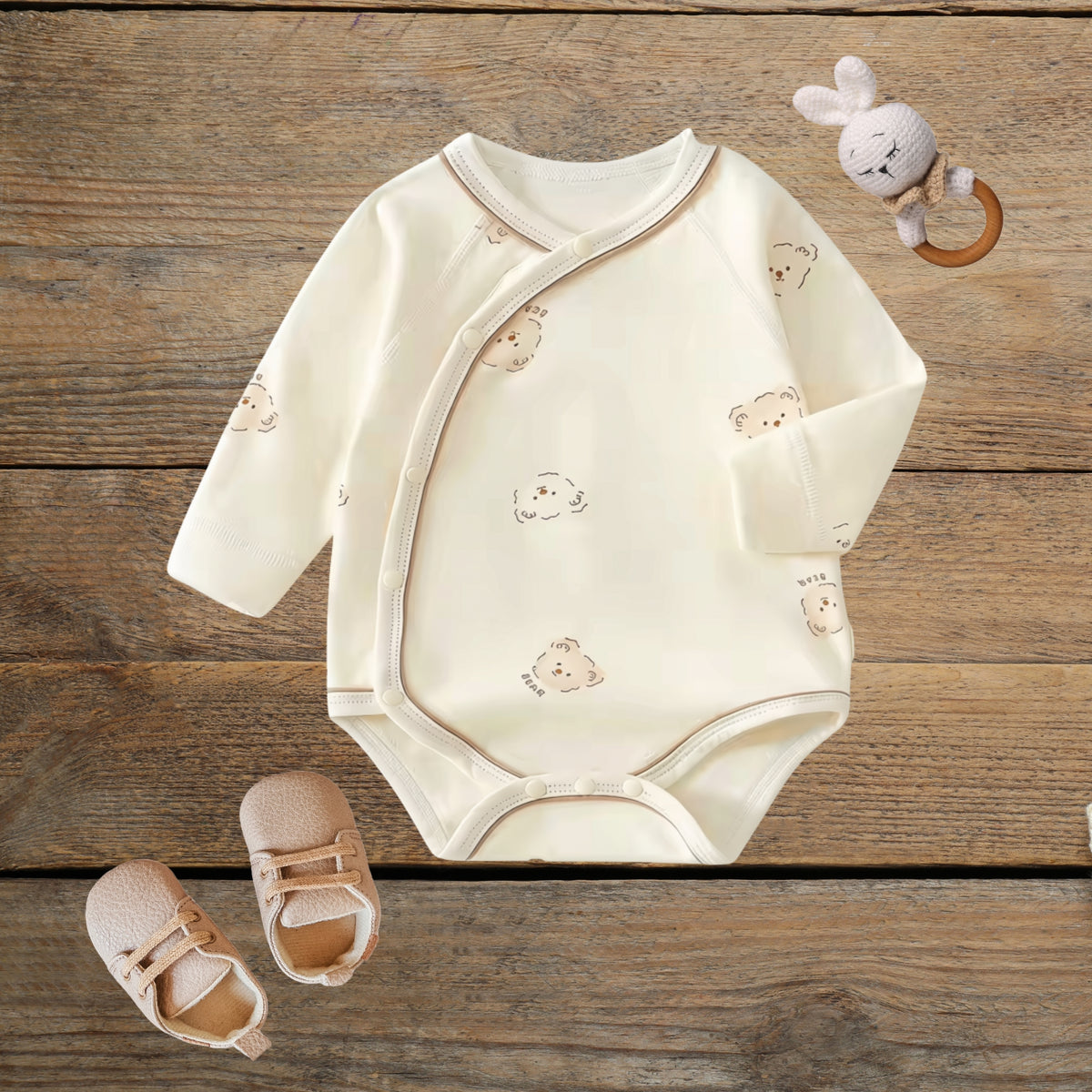 Tiny Bear cotton wrap baby romper on wood background