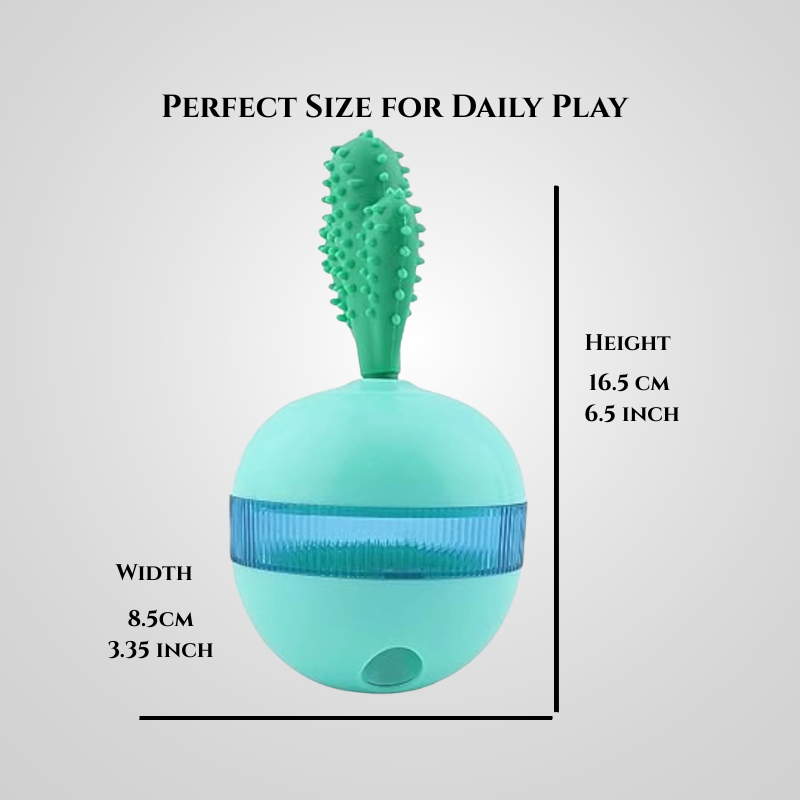 Interactive dog treat ball size guide showing 6.5-inch height and 3.35-inch width.