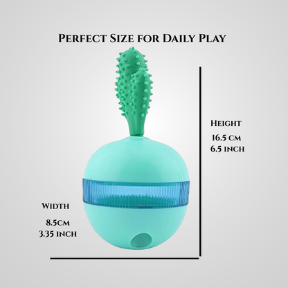 Interactive dog treat ball size guide showing 6.5-inch height and 3.35-inch width.