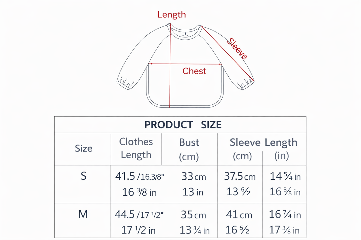 Waterproof long sleeve baby bib size chart with length chest and sleeve measurements