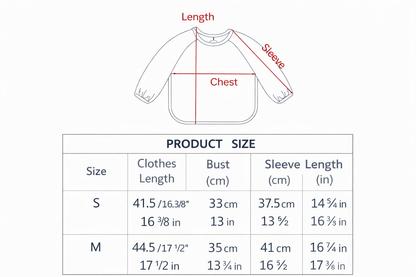 Waterproof long sleeve baby bib size chart with length chest and sleeve measurements