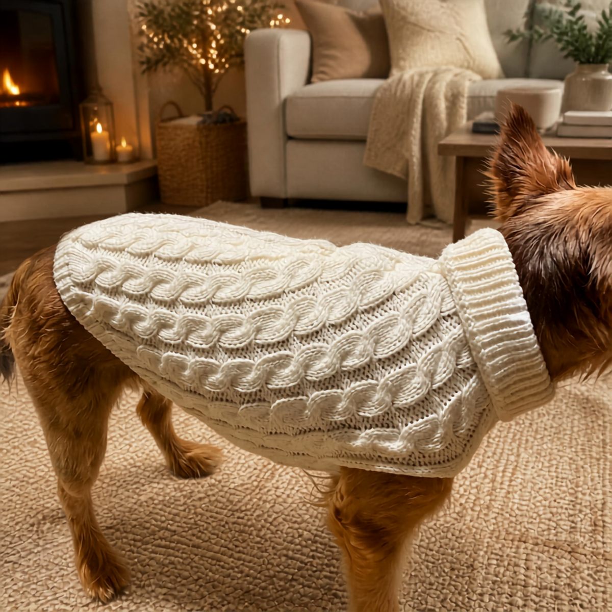 Small dog wearing a white cable knit sweater in a cozy home