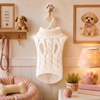 White cable knit dog sweater hanging in a cozy pet room