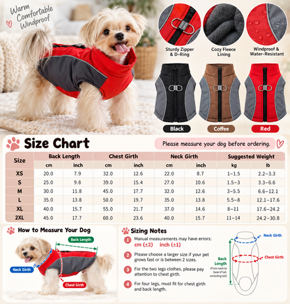 WindGuard Windproof Dog Vest size chart XS to 2XL with inch and centimeter measurements, features and three colors